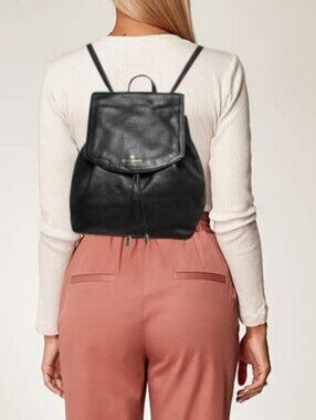 Kate Spade Black Leather Backpack Drawstring Flap